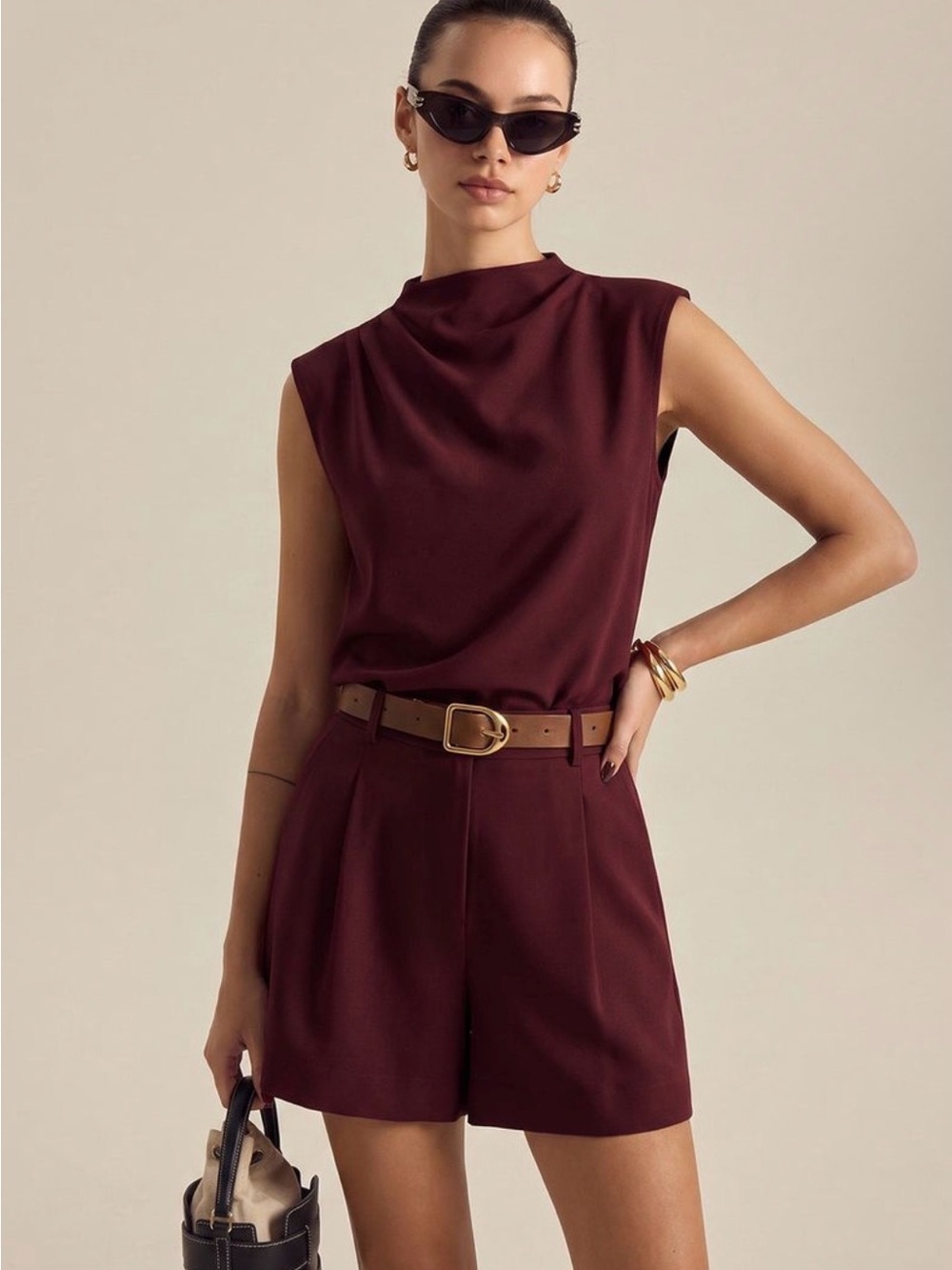 Commense Draped Sleeveless Burgundy top and matching shorts